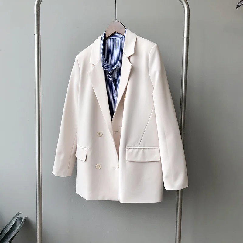 

Elegant Women Blazer Jacket Autumn Notched Collar Double Breasted Solid Elegant Office Ladies Loose Suit Jacket JK432