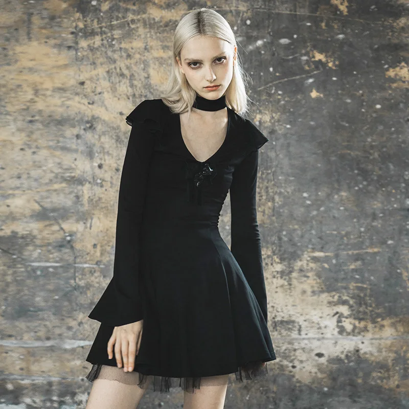 

PUNK RAVE New Girl's Gothic Daily Ruffled Dress Steampunk Retro Deep V-neck Slim Fit Club Party Dress