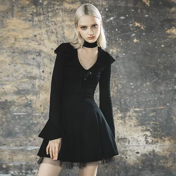 

PUNK RAVE New Girl's Gothic Daily Ruffled Dress Steampunk Retro Deep V-neck Slim Fit Club Party Dress