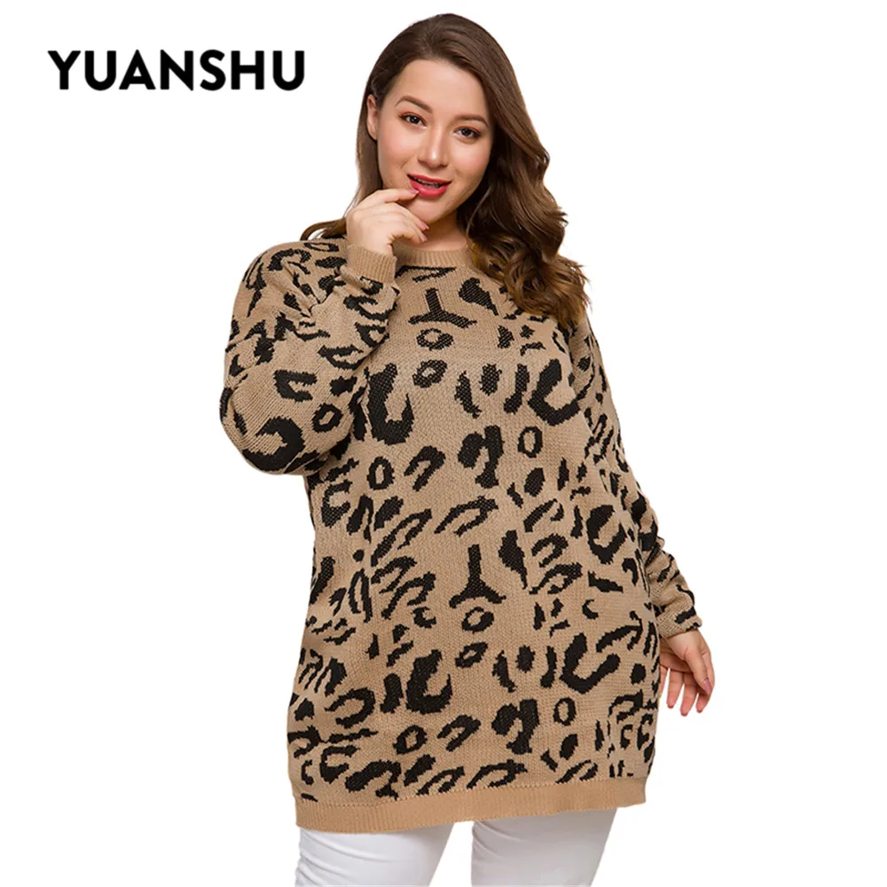 YUANSHU Leopard Pullover Plus Size Women Sweater Autumn Winter O Neck Knitted Long Sleeve Loose XL-4XL Clothes | Женская одежда