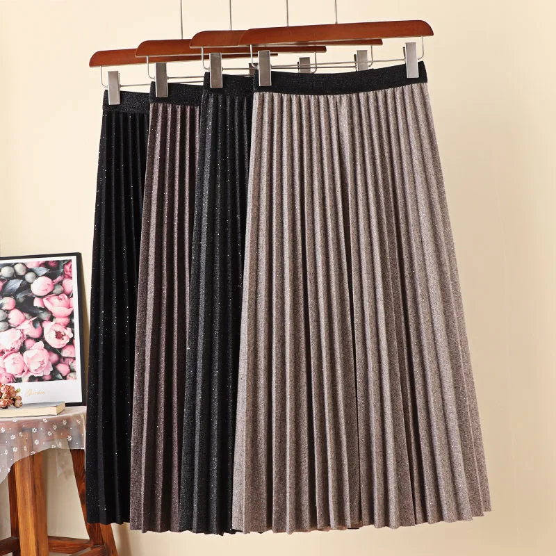 

Autumn Winter New Korean Metallic Wool Blend Long Pleated Skirt Elastic Waist A-line Mid Calf Pleated Skirts