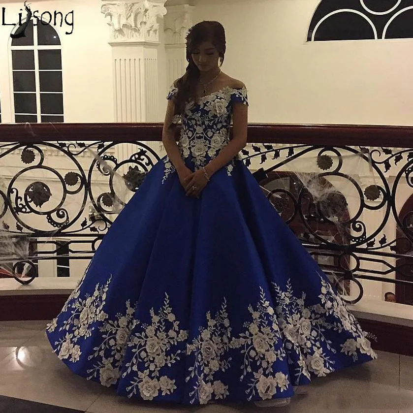 

Princess Blue Prom Dresses Arabic Off Shoulder Evening Dress Turkey Applique Flowers Elegant Formal Party Gowns robe de soiree
