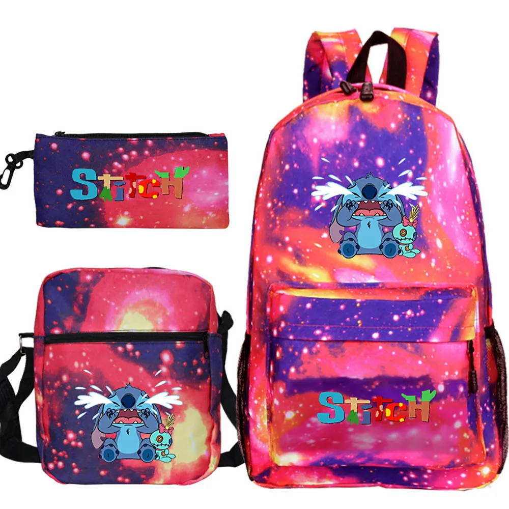 2021 New Stitch Angry Cartoon Print Elementary School Backpack Set Student Schoolbag+Shoulder Bag+Pencil Case Three-Piece Set