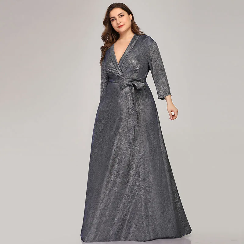 Вечернее платье размера плюс с глубоким v-образным вырезом и длинными рукавами, вечерние платья трапециевидной формы в пол с поясом-бантом