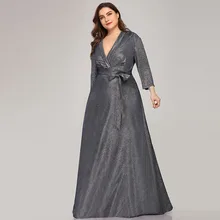 Вечернее платье размера плюс с глубоким v-образным вырезом и длинными рукавами, вечерние платья трапециевидной формы в пол с поясом-бантом