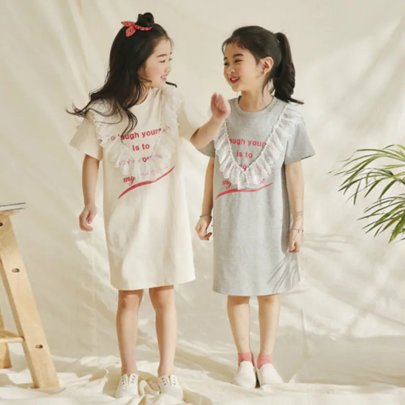 Girl Summer Dress New Cotton Kids Dresses for Girls Lace Patchwork Leisure Children T-shirt Baby Princess #5066 | Детская одежда и