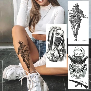 

Fake Temporary Tattoos For Women Adults Realistic Gangster Gun Masked Girls Tattoo Legs Hand Beauty Tatoo Black Death Skull AK47