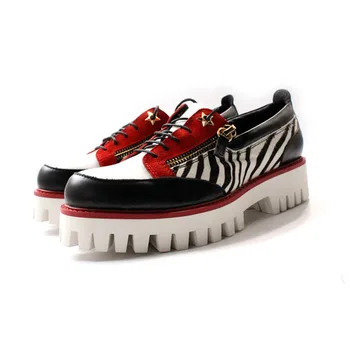 

Panelled Real Leather Platform Shoes Men Designer Double Zipper Increased Sneakers Casual Loafers Handmade Lace Up Mans Footwear