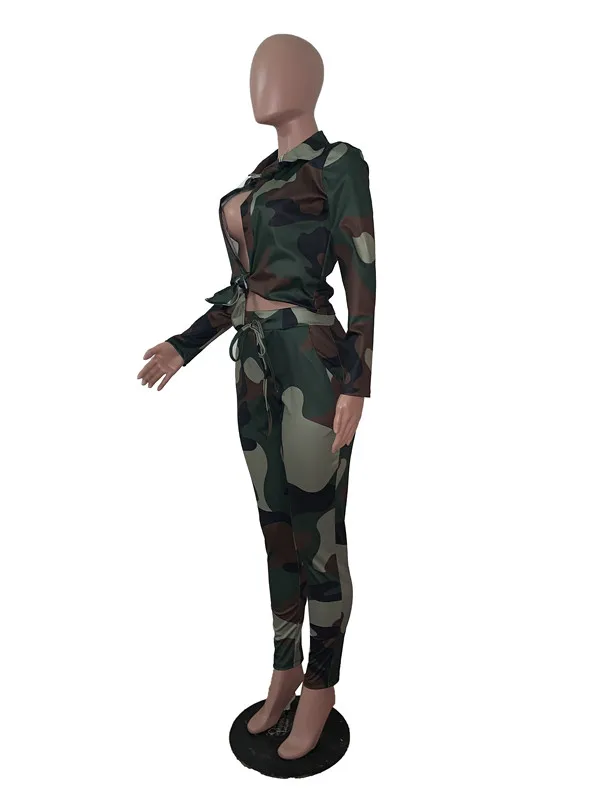 GL Fall Winter Women's set V-Neck Long Sleeve Crop Top Long Pants 2 piece set camouflage Print Bandage tracksuit Outfits L5095