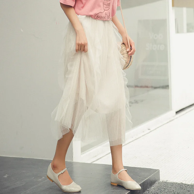 

2019 Summer Wear New Style South Korea Sweet Solid Color Pleated Mid-length Gauze Skirt