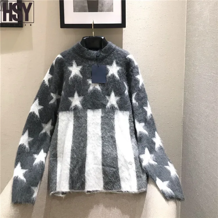 

【HSY】2019 Autumn New Women High End White Pentagram Stripe Splice Loose Grey Long Sleeve O Neck Mohair Pullover Knitting Sweater