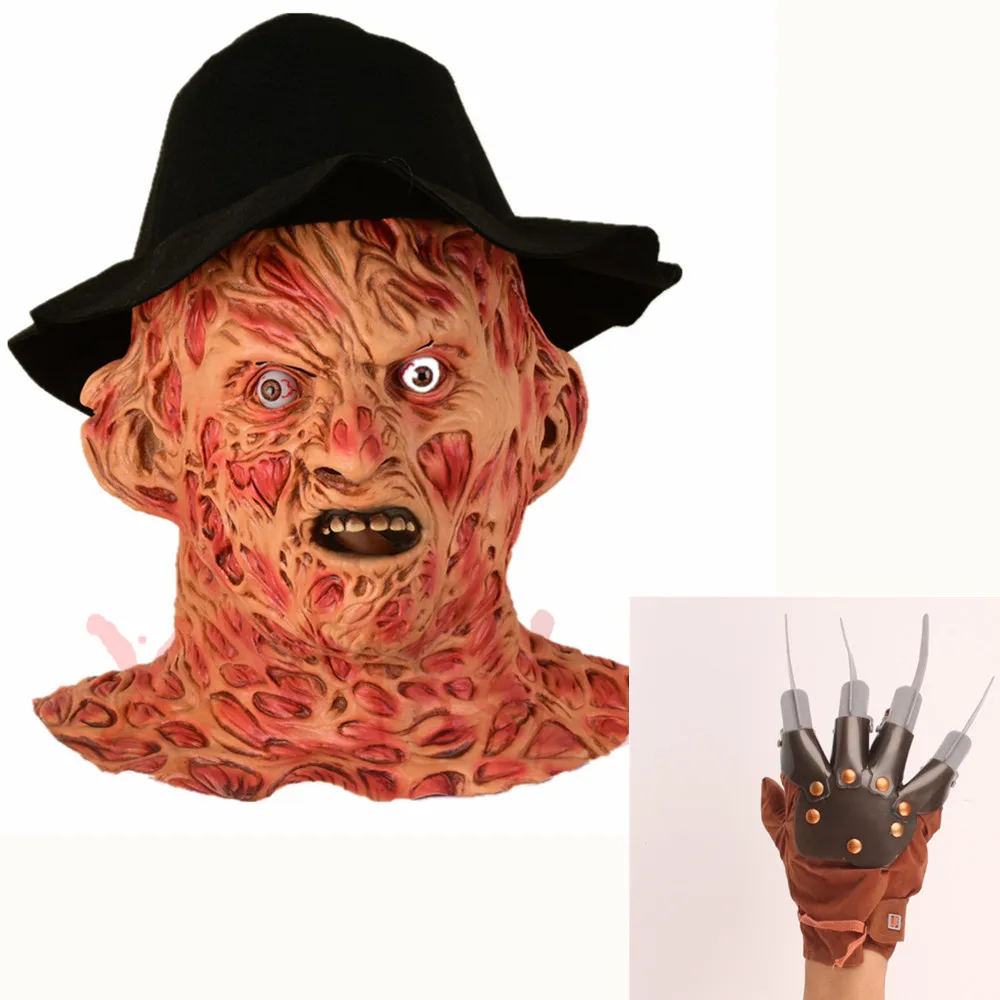 

New Freddy krueger Mask with Hat paw Latex Adult Party Costume Friday 13th Killers Jason Horror Slasher larp gloves paw metal