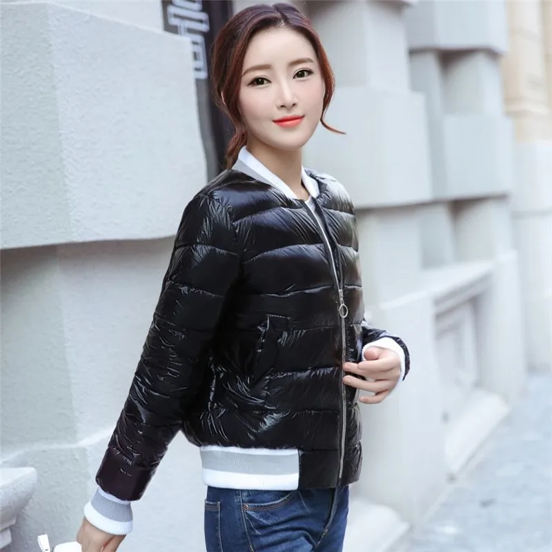 2019 Fashion Zipper Women Glossy Baseball Jacket Winter Down Parka Female College Jackets Bomber Jacket Coats Basic Outwear