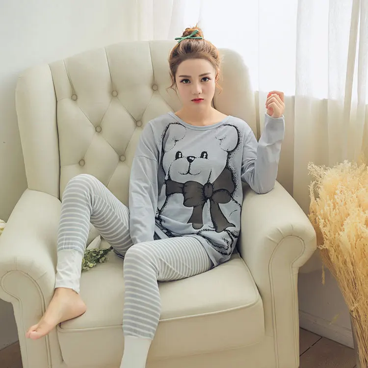 

According to Feminine Pajamas Women's Spring And Autumn Sweet Printed Pullover Cartoon Gray Bow Bear Pink Long Sleeve Tracksuit
