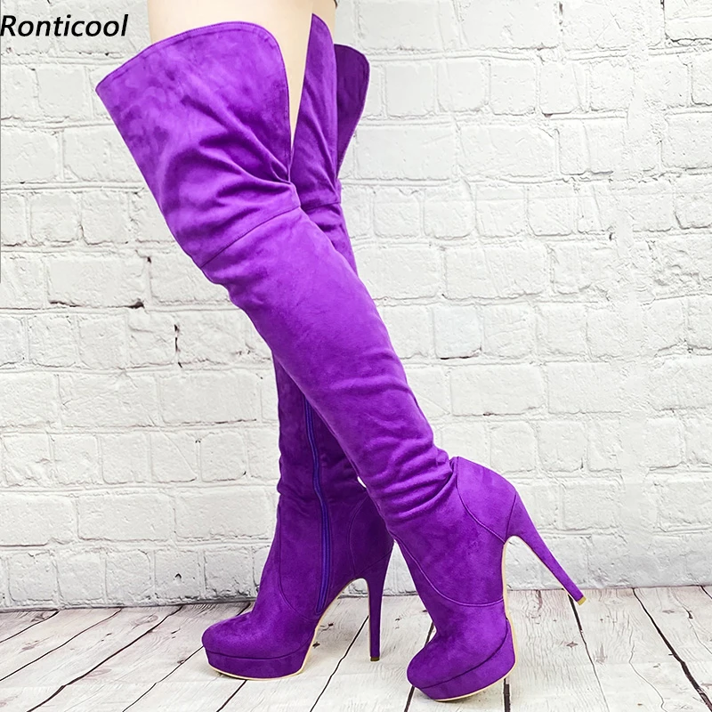 Ronticool botas con plataforma para mujer, zapatos de tacón de aguja con cremallera lateral, punta color Morado, fucsia, para fiesta, talla Us, 5 20, la rodilla| - AliExpress