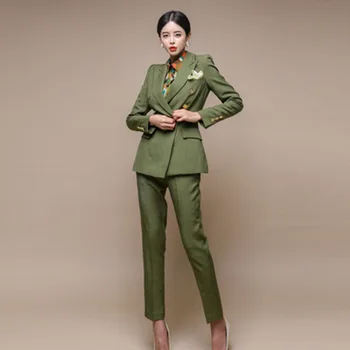 

Suit womenOLtemperament elegant solid color double-breasted Slim texture blazer + slim trousers woman office suit two-piece suit