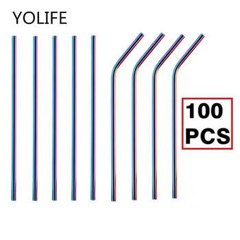 

100pcs/set iridescent Metal Straw Reusable 304 Stainless Steel Drinking Tubes 215mm*6mm Straight Bent beer Straws For Brush