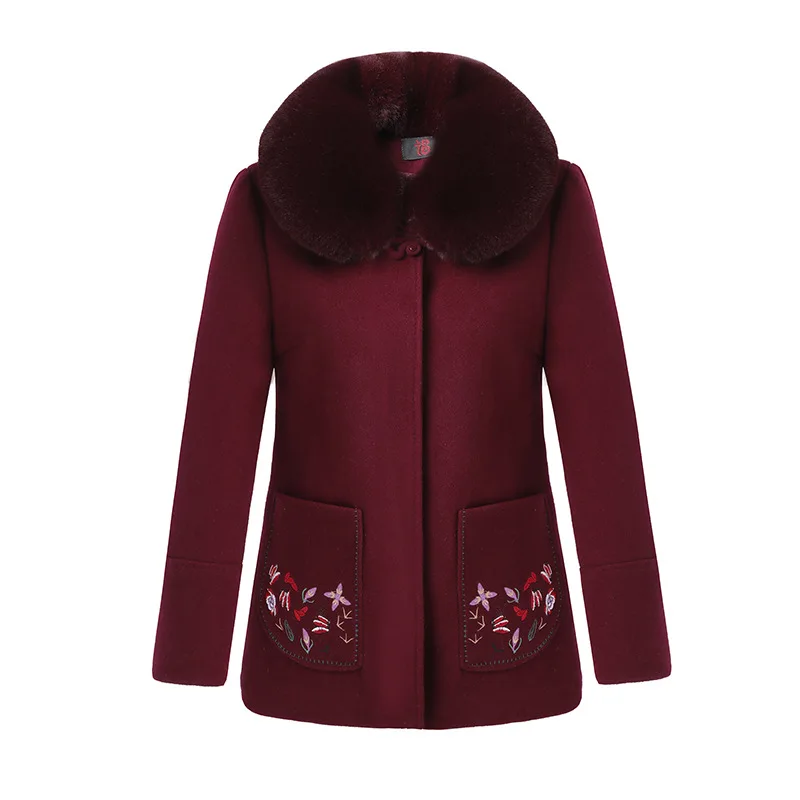 

Mom Autumn And Winter Woolen Coat Mid-length Retro Embroidery Woolen Cloth Tops Middle-aged WOMEN'S Coat Western Style Coat