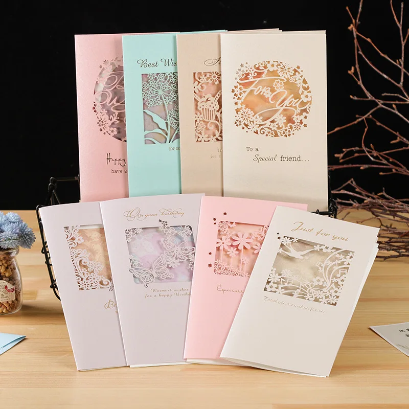 

2 Sets(Envelope+Card) Elegant Hollow Engraved Pearlescent Envelope Blessing Universal Card Birthday Gift Envelopes 12x23cm