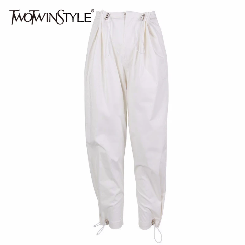 TWOTWINSTYLE Casual Loose Women Pants High Waist Drawstring White Female Trousers Korean Spring 2020 Fashion Large Size TWOTWINSTYLE Casual Loose Women Pants High Waist Drawstring White Female Trousers Korean Spring 2020 Fashion Large Size