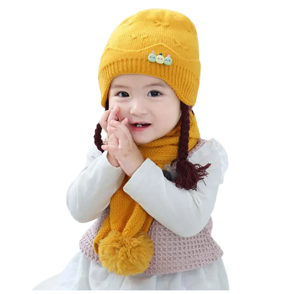Yellow Комплект из 2 предметов, Детская вязаная шапочка с цветочным рисунком для девочек, шапка с помпоном, шарфы, шапка с помпоном и шарф, комплект для детей, зимняя вязаная шапка для девочек, плотная шапка - Цвет: Yellow