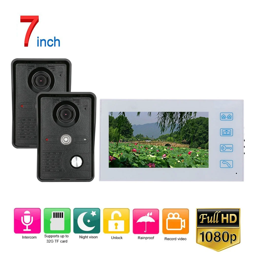 White Video Intercom System Kit 7 inch Record Wired Door Phone Doorbell with 2pcs AHD 1080P Camera | Безопасность и защита