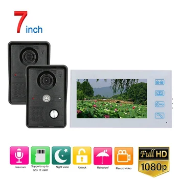 

White Video Intercom System Kit 7 inch Record Wired Video Door Phone Doorbell Intercom System with 2pcs AHD 1080P Camera