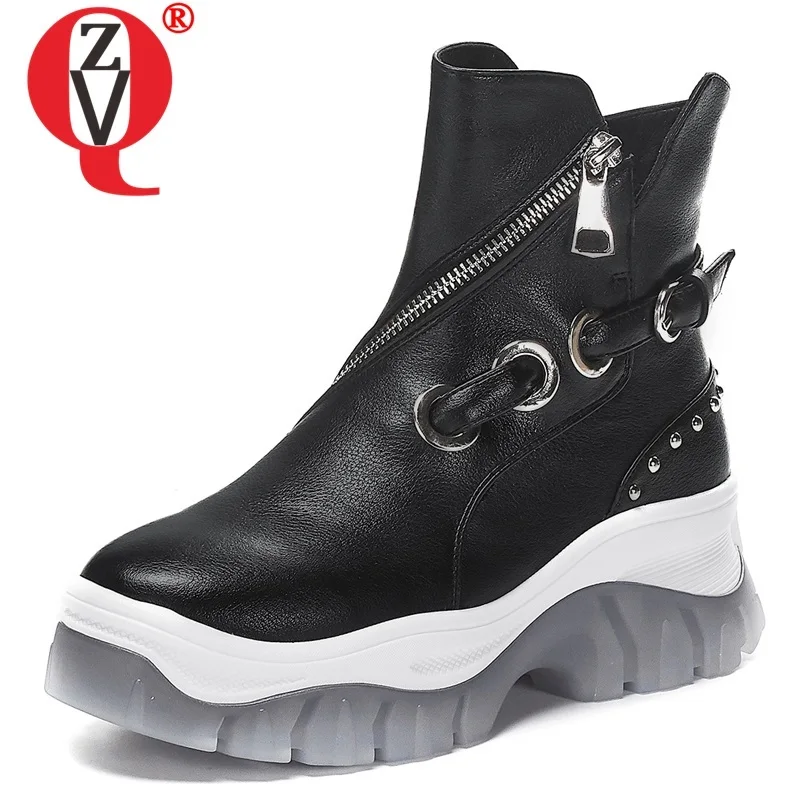 

ZVQ winter new fashion ankle boots outdoor warm genuine leather round toe zipper high heels platform women shoes drop shipping