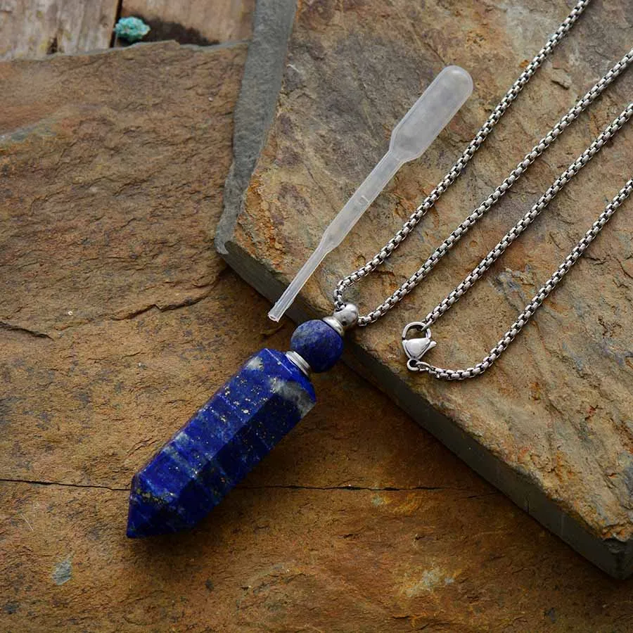 Lapis Silver Натуральный драгоценный камень диффузор эфирного масла подвеска в виде бутылочки парфюма ожерелье ювелирные изделия из нержавеющей стали Прямая поставка - Окраска металла: Lapis Silver
