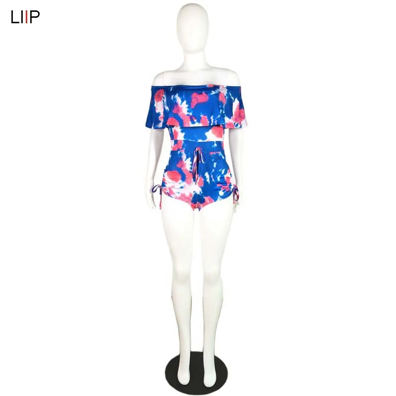 summer plus size sexy print bodycon playsuit LIIP boho off shoulder rompers womens jumpsuit slash neck overallsU7012