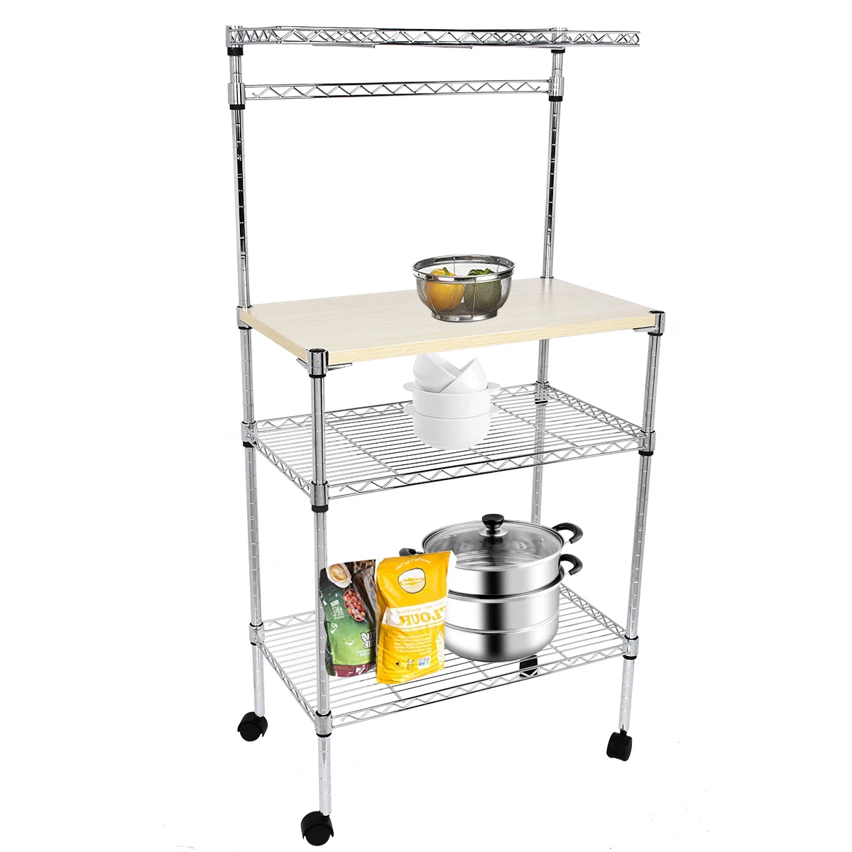 Magic Union 4-Tier Adjustable Kitchen Rack Floor Standing Rolling Rack Microwave Stand Shelf Storage Cart with Cutting Board