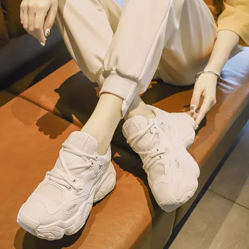 

Plus Size Flat Platform Vulcanized Shoes Solid White Chunky Sneakers Women Shoes Woman Leather Casual Shoes Lace Up Ladies Shoes