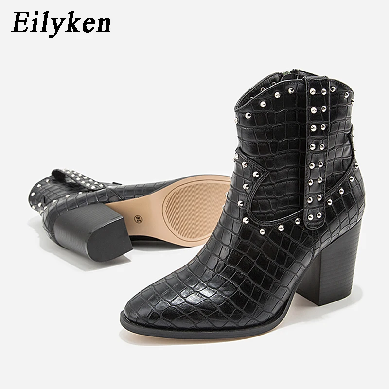Eilyken/модные женские ботильоны из змеиной кожи на высоком толстом каблуке; женская повседневная обувь с круглым носком на молнии с заклепками; Новинка года; сезон зима