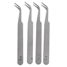 Silver Tone 5 Inch Length Metal Bent Tip Tweezers 4 Pcs