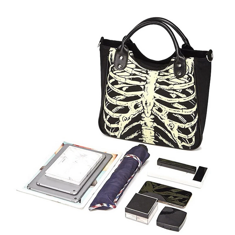 Tanie Luminous Gothic kości szkieletu czaszki torby Rock projektant kobiet casualowe torby tote kobiety Punk torby modna torebka