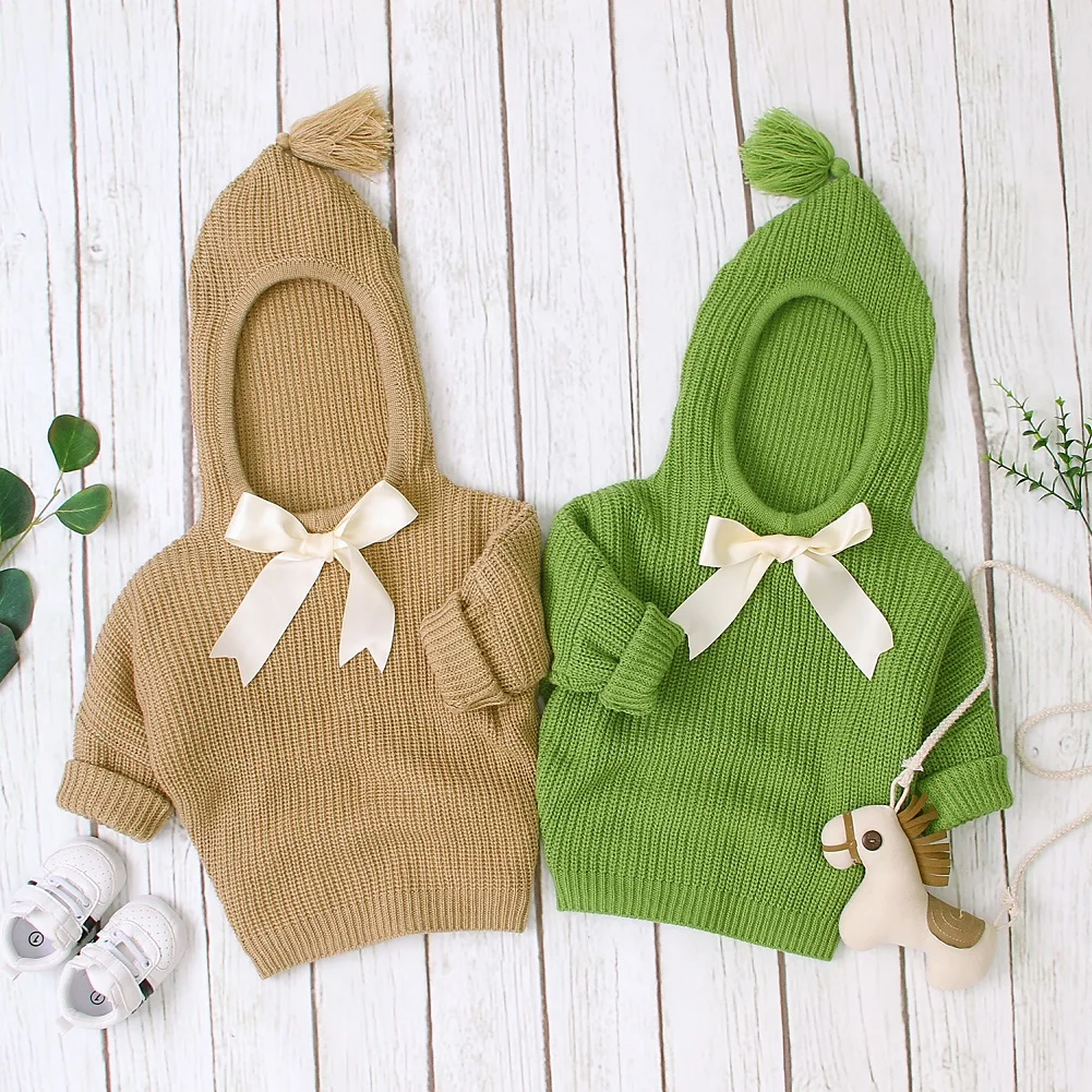 Осенне-зимняя вязаная для маленьких девочек; теплый свитер с капюшоном для новорожденных; однотонная Одежда с бантом