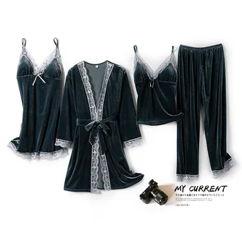 

Sleepwear Velvet Autumn Winter 4PCS Pajamas Set Female Sexy Nightwear Strap Nighty&Robe Suits Soft Velour Kimono Gown Nightgown