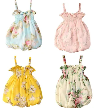 

Infant Baby Girls Sling Dress 4 Colors Flowers Print Ruffles Sleeveless Holiday Mini Dress Baby Girls Cotton Mesh Sundress 0-24M