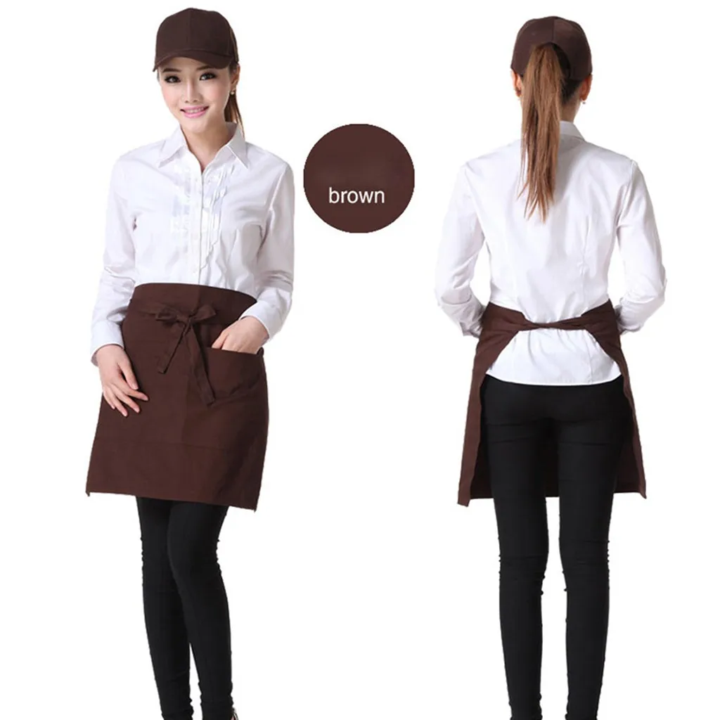 2 Pockets Waist Black Women Apron Waitresses Aprons Kitchen Half Apron New 2020 Brown Baking Waiter Apron Женский фартук #D