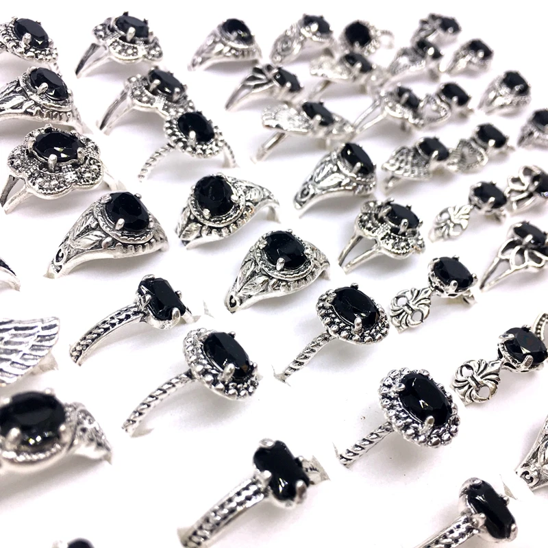 MixMax 50PCs/Lot Womens Rings Mix Styles Silver Plated Black Stone Vintage Jewelry Party Gifts Wholesale dropshipping