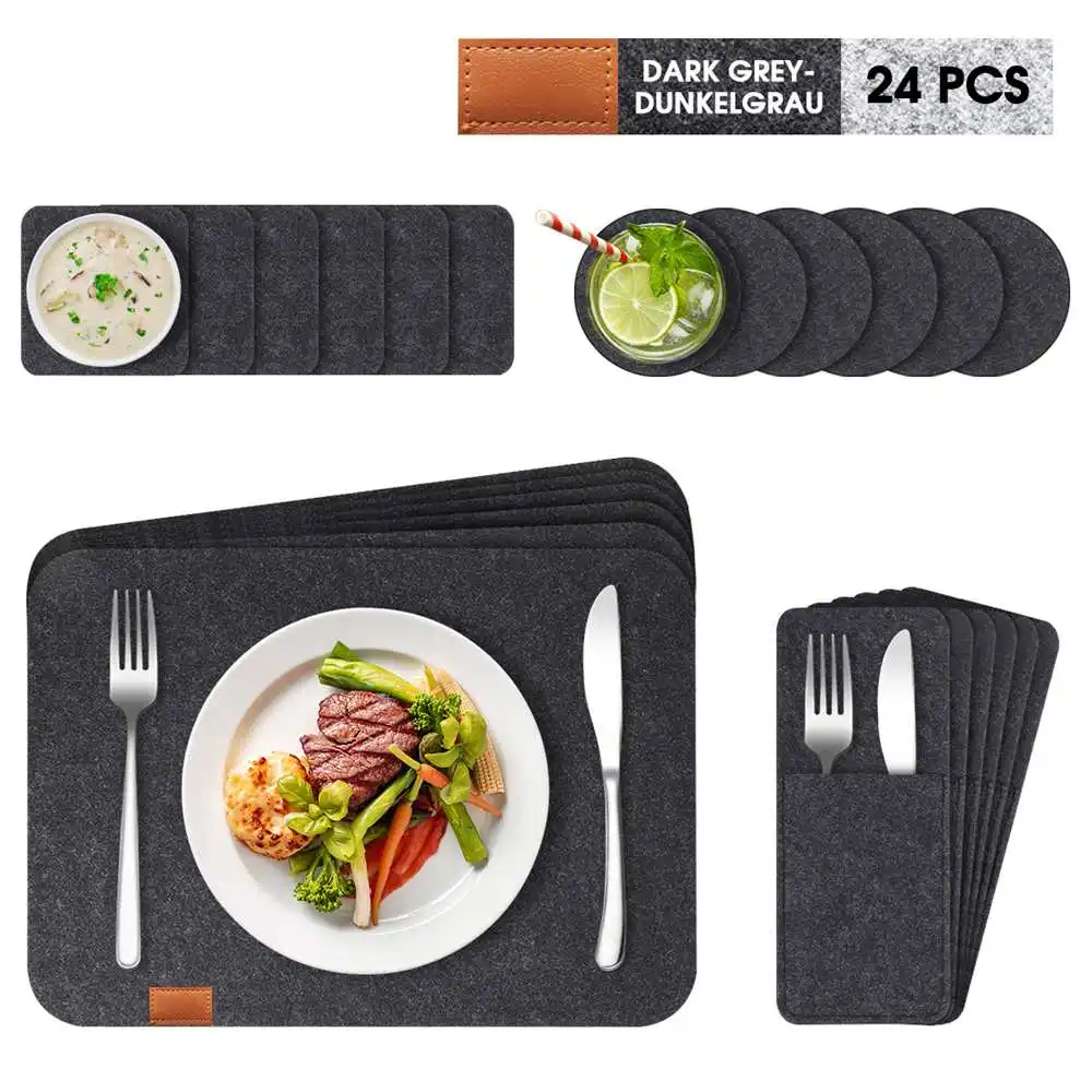 24pcs Placemat Table Mat Tableware Pad Felt Washable Nonslip Soft Black Brown Washable Bowl