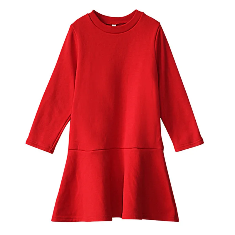 Детская и подростковая одежда для девочек от 4 до 12 лет, красная вспышка с длинными рукавами, осенне-зимнее платье модные однотонные Хлопковые Платья из тонкого флиса для девочек