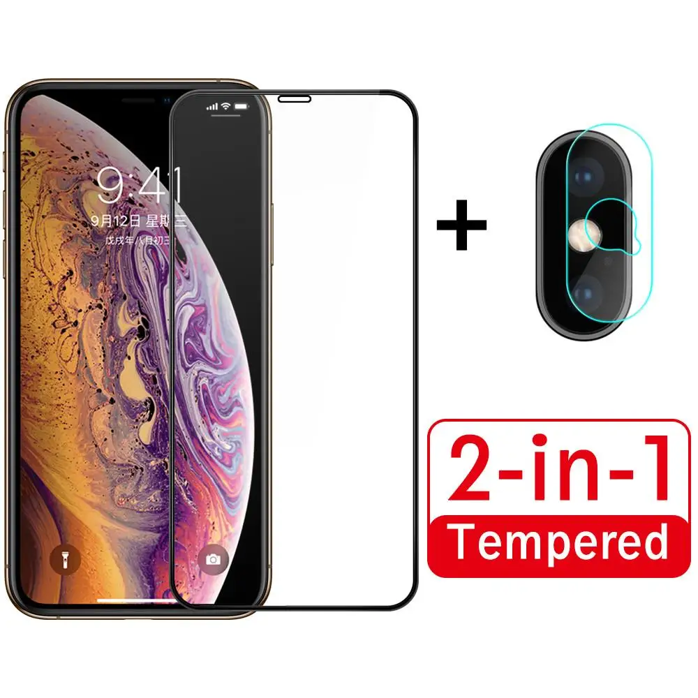

2 in 1 Full Glue Glass for iPhone 11 Pro MAX 2019 Tempered Camera Lens Film for iPhone X XS Max XR 7 8 6S 6 Plus Screen Protect