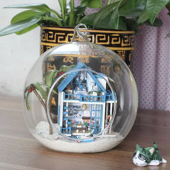 

DIY Romantic Aegean Sea Glass Ball Dollhouse Handcraft Assemble Miniature Furniture Handmade Wooden Building Villa Doll House