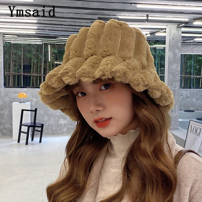 

New Winter Thick Stripes Plush Bucket Hats for Women Tourism Outdoor Warm Hat Soft Velvet Fisherman Cap Lady Fashion Panama