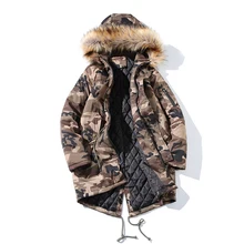 Модный меховой воротник зимняя куртка Мужские Камуфлированные штаны, милитари бархатная Толстая парка Для мужчин длинный плащ пальто Верхняя одежда с защитой от ветра, теплая куртка