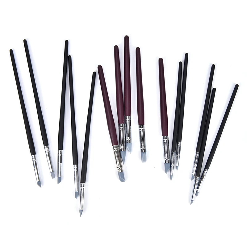 Nail Art Sculpture Carving Pen Kit Silicone Head Wooden Handle Painting Brushes for 3D Effect Shaping Drawing Tools 5pcs