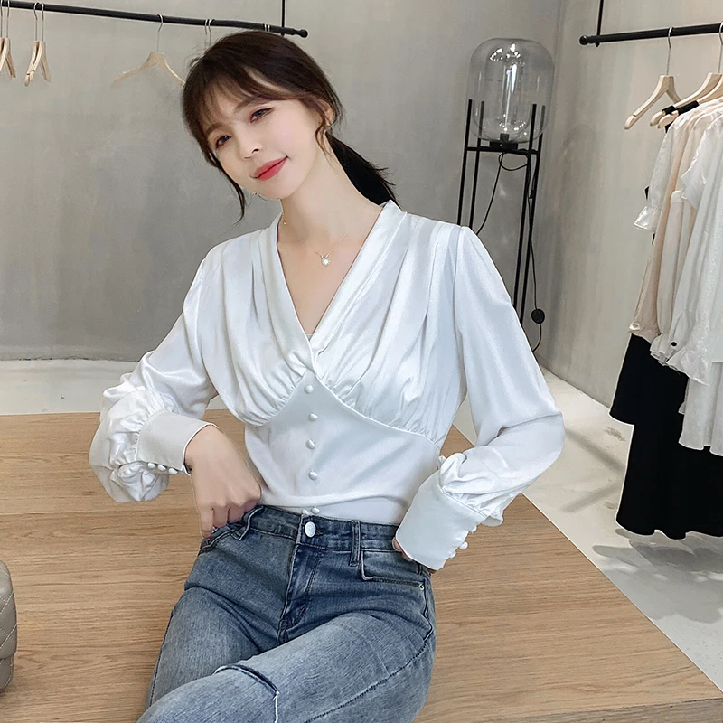 Korean Fashion Silk Women Blouses Satin Womens Tops and Blouses Ladies Tops Plus Size Office Lady Blusas Femininas Elegante