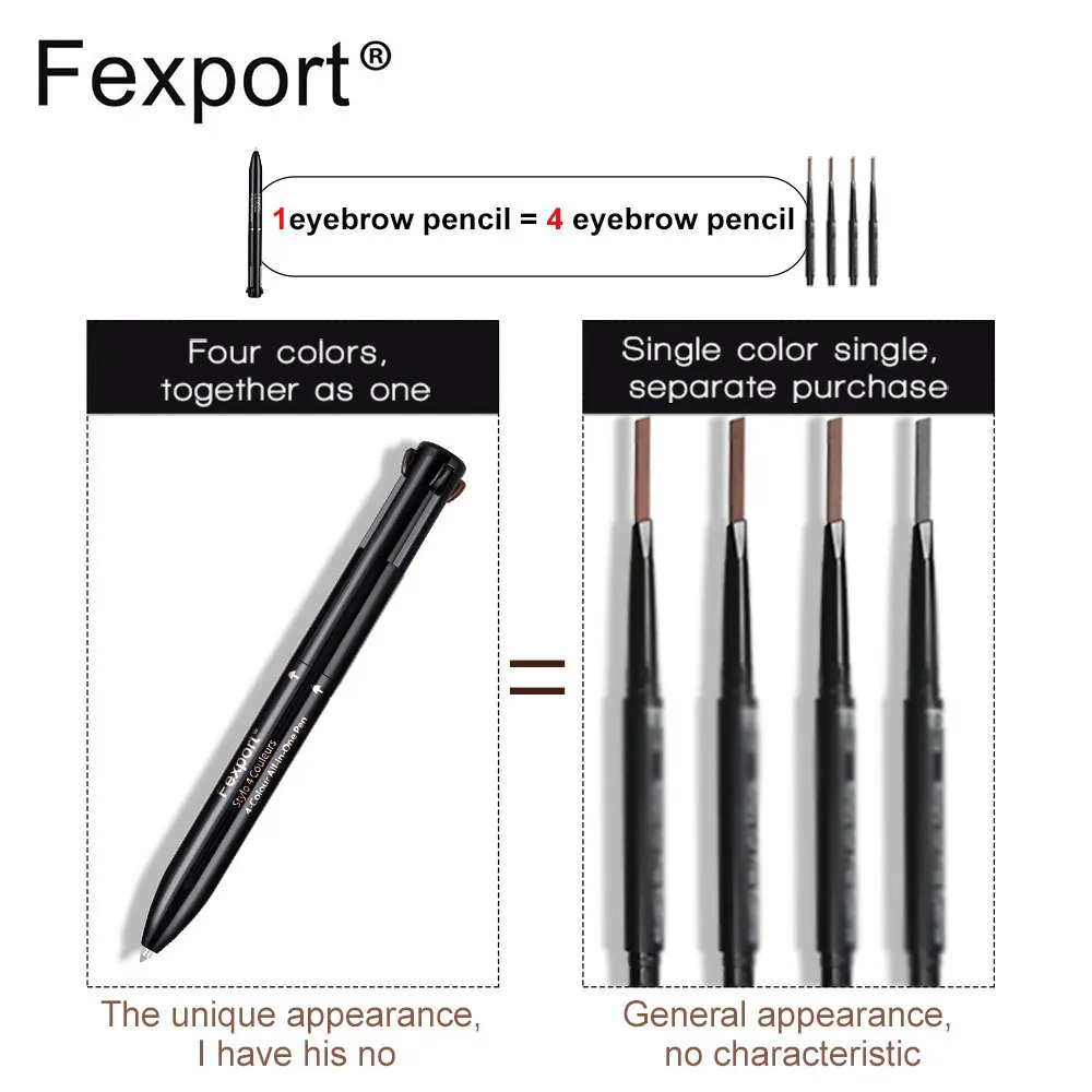 Fexport, 4 в 1, карандаш для бровей, водостойкий, стойкий, карандаш для бровей, ультра тонкий, для бровей, ТИНТ, косметика, 4 цвета, брови, макияж