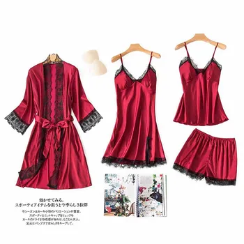 

Women's Nightgown Sexy Set Long Sleeve Nightgown + V-neck Sleeveless Dress + Top + Pants 4 Piece Nightgown Set Hot Sale 2020